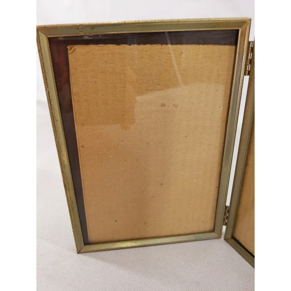 Vintage Folding Double Picture Frame Gold‎ Tone Metal Beaded Edge 5x7 Hinged